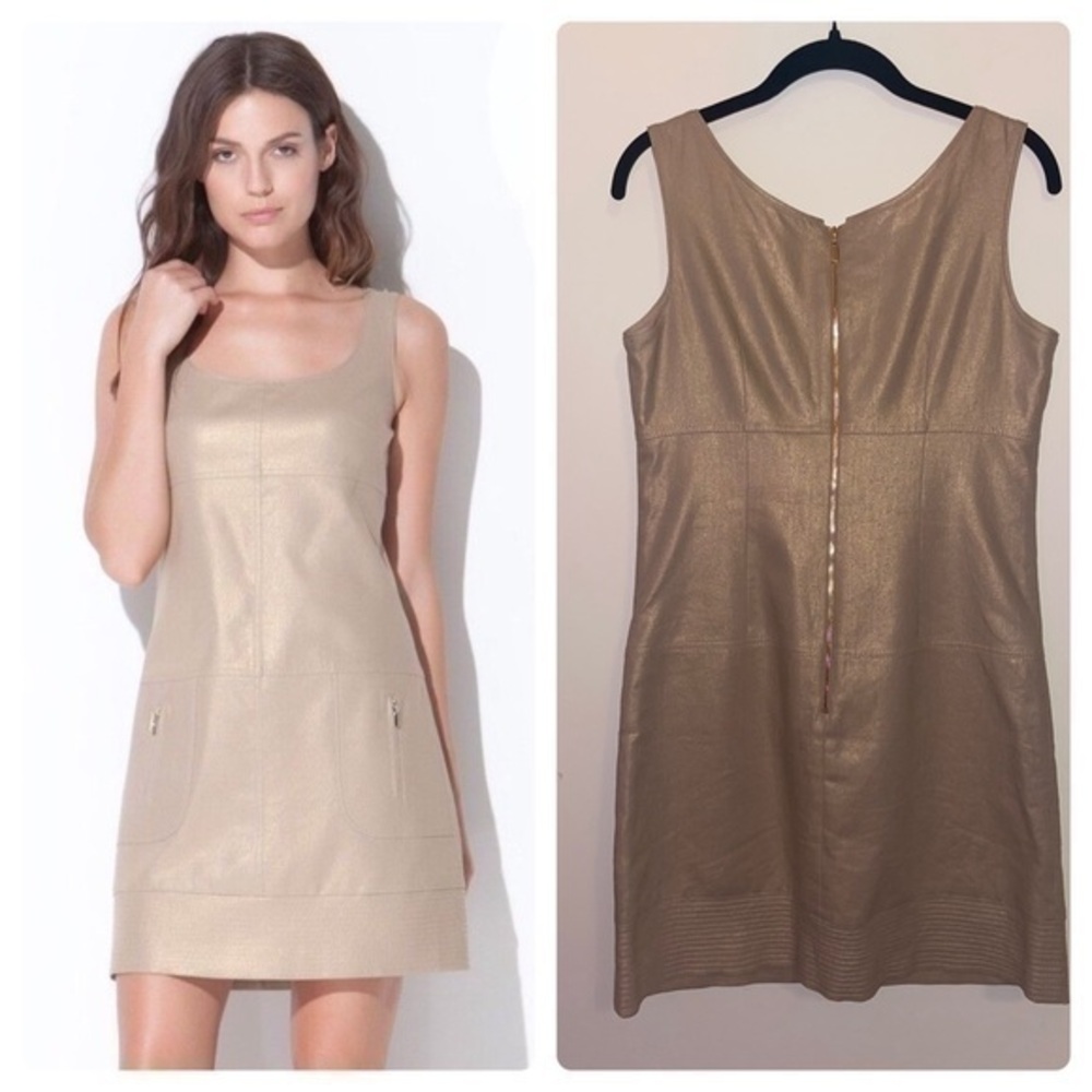 Laundry By Shelli Segal Tan Metallic Linen Shift Dress With Pockets NWOT
